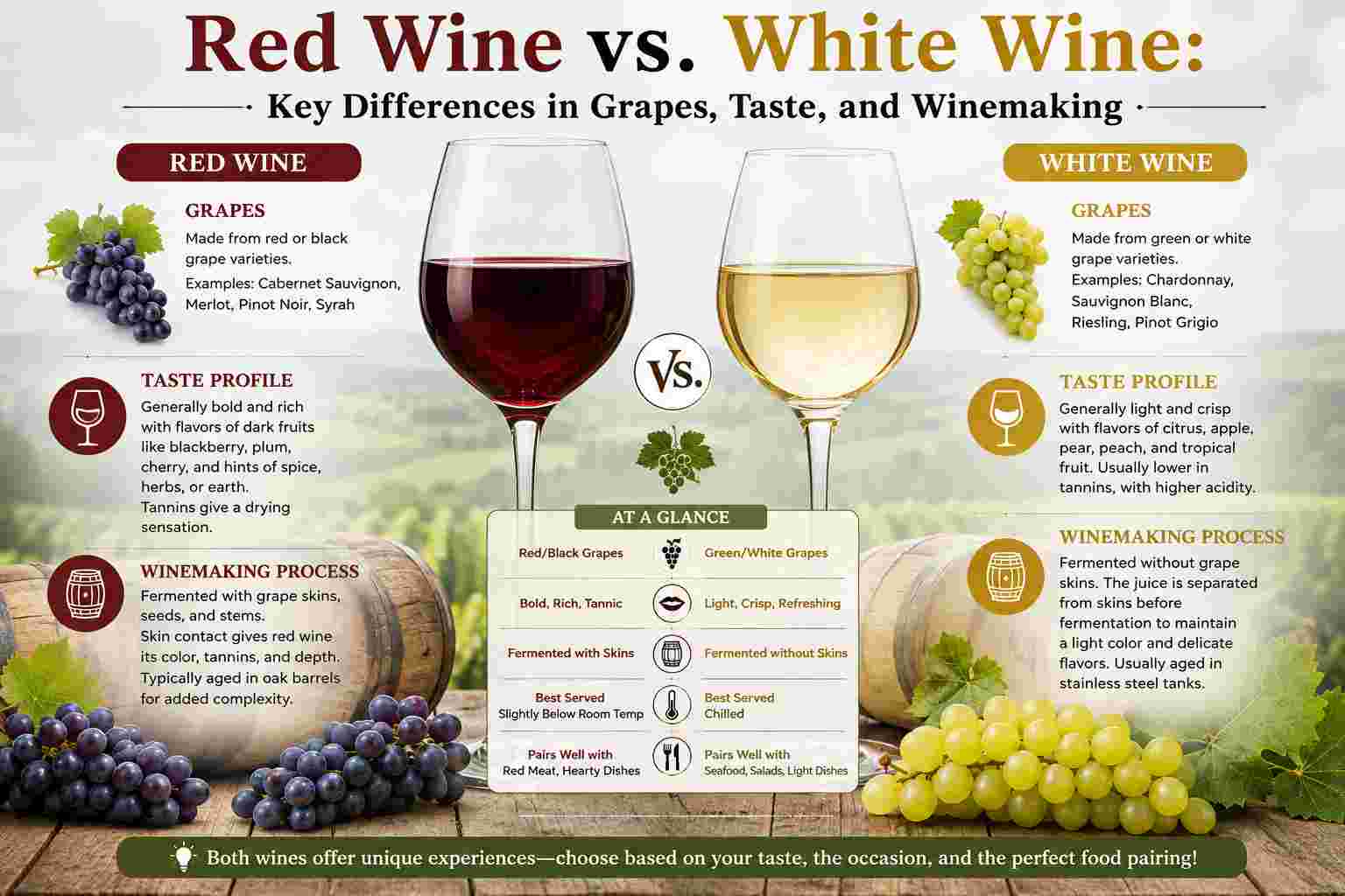Red Wine vs. White Wine: Key Differences in Grapes, Taste, and Winemaking